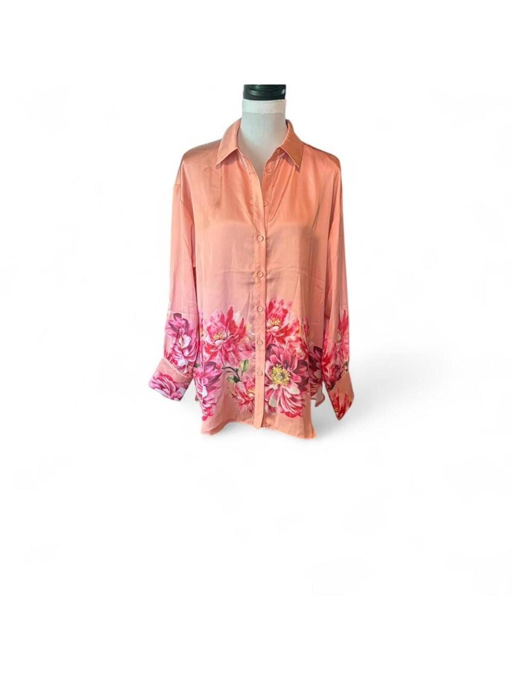 Catherine Malandrino peach floral button up shirt size L NWOT